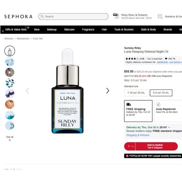 LISAA Sunday Riley  Luna Sleeping Retinoid Night Oil  0.5 oz/ 15 mL - Picture 2 of 2